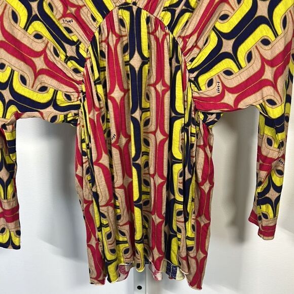 T-BAGS Women’s Abstract Print Plunge Neckline Tunic Top Yellow/Pink Size Large - Picture 4 of 9